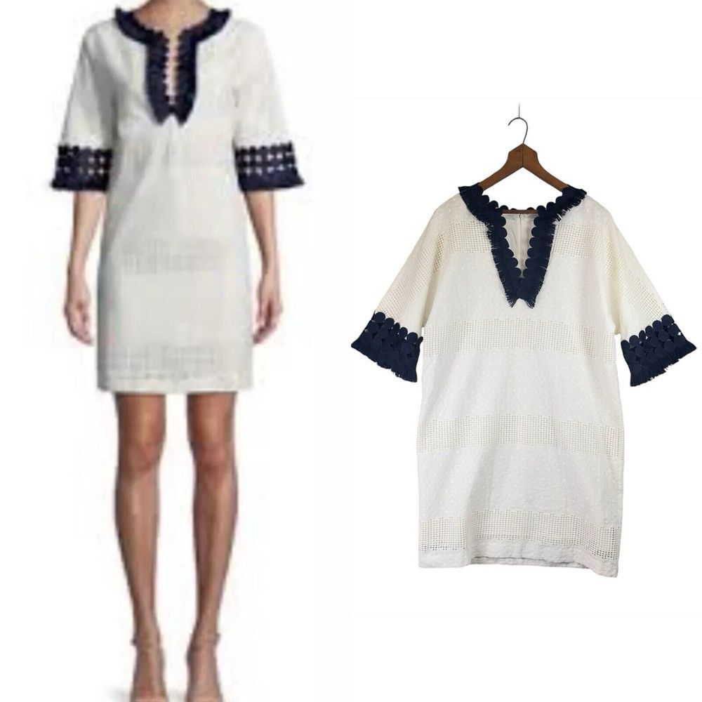 Belle Badgley Mischka Women's Eyelet Mini Dress Navy Fringe Trim White Size 4